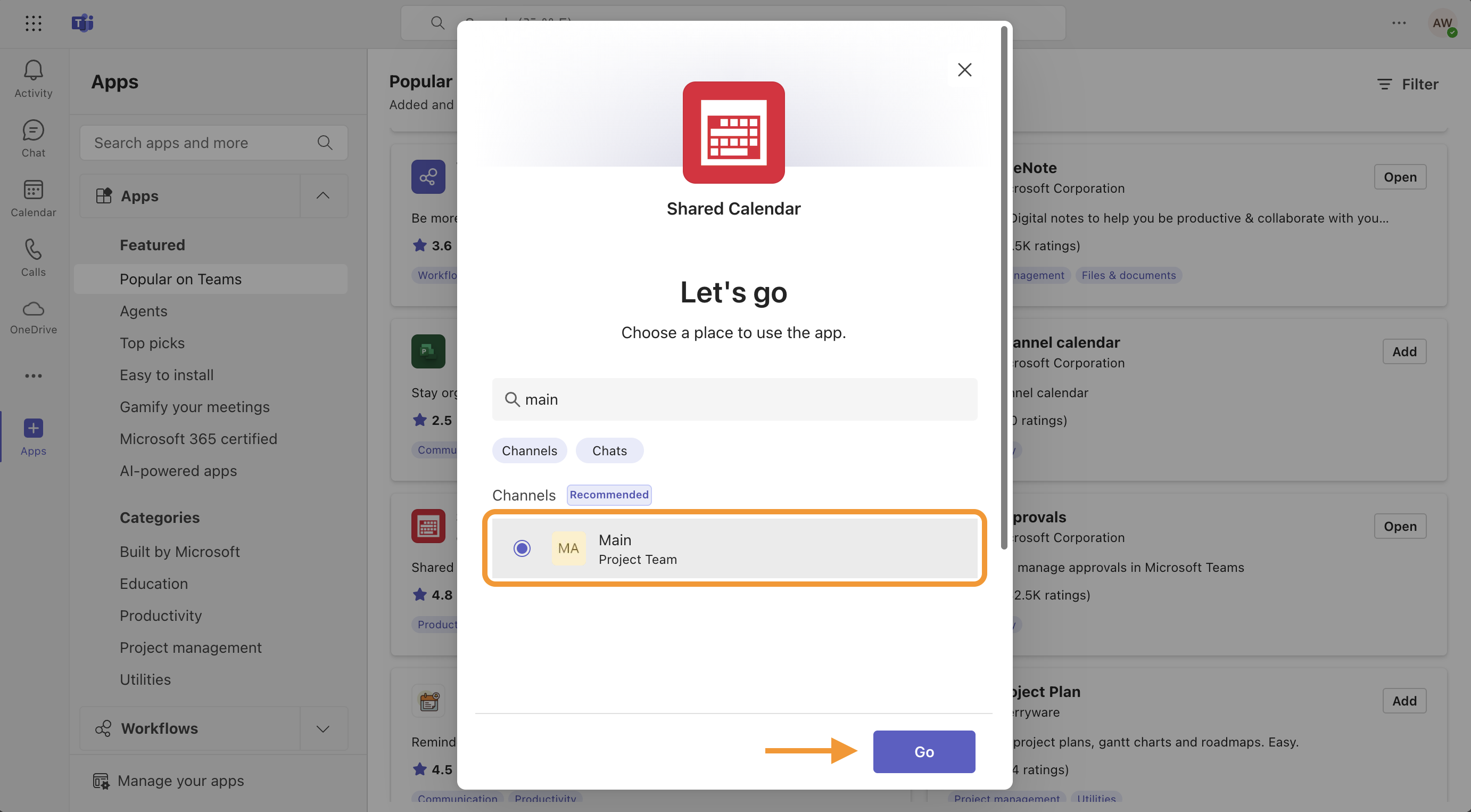 Kanal auswählen für Shared Calendar in Microsoft Teams – Schritt 2