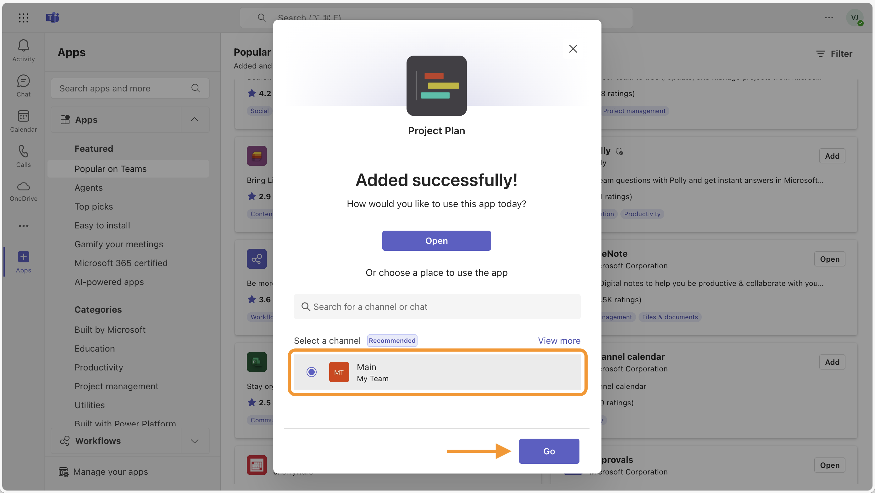 Kanal auswählen für Project Plan in Microsoft Teams – Schritt 2